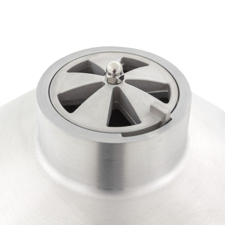 A close up of a stainless steel drain on a white background