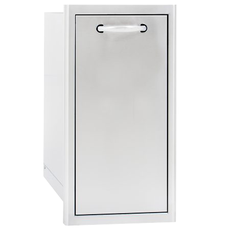 Narrow trash bin for outdoor kitchen
