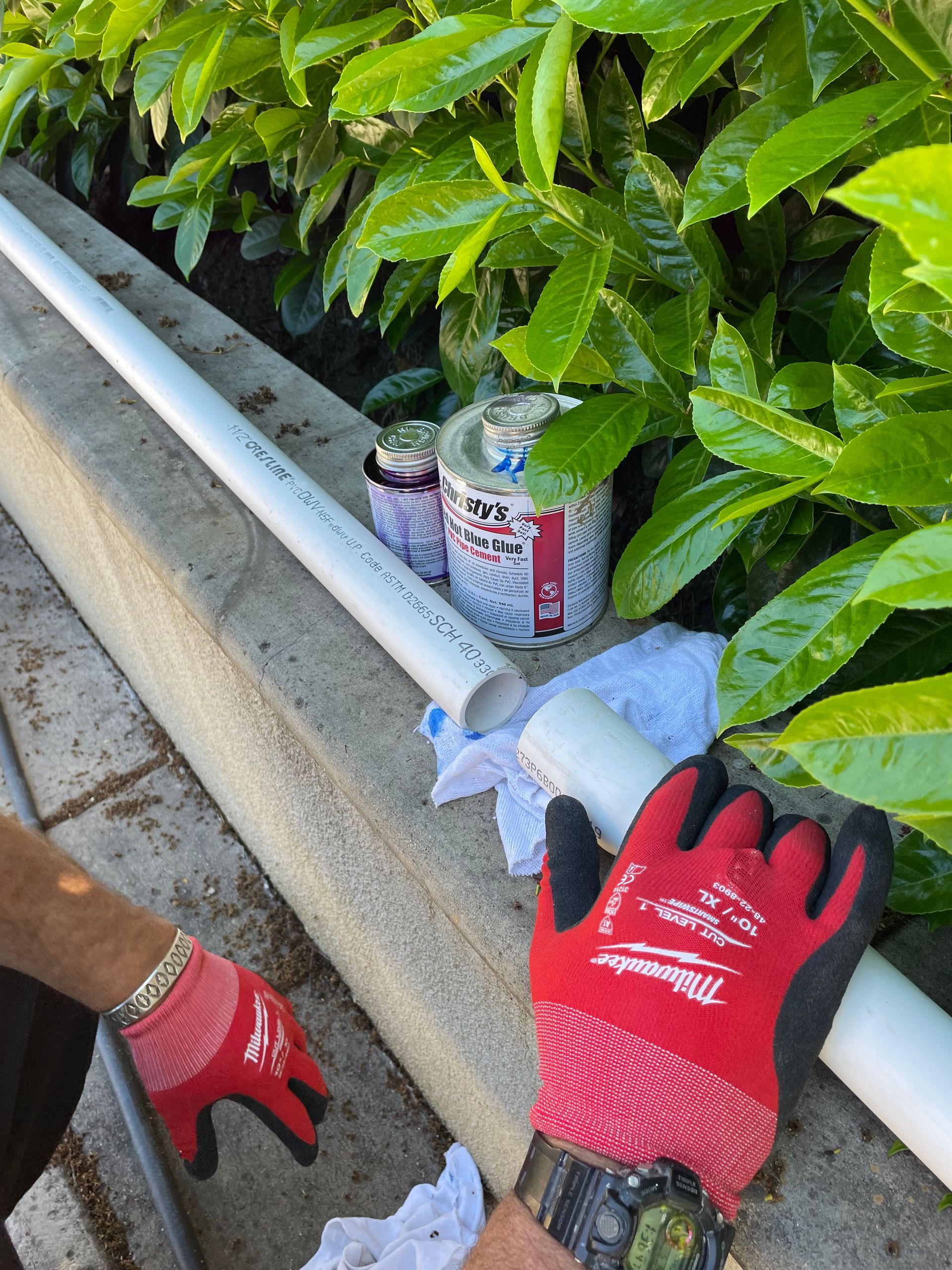 Red-gloved hand near a white rail with cans and bags beside green bushes outdoors