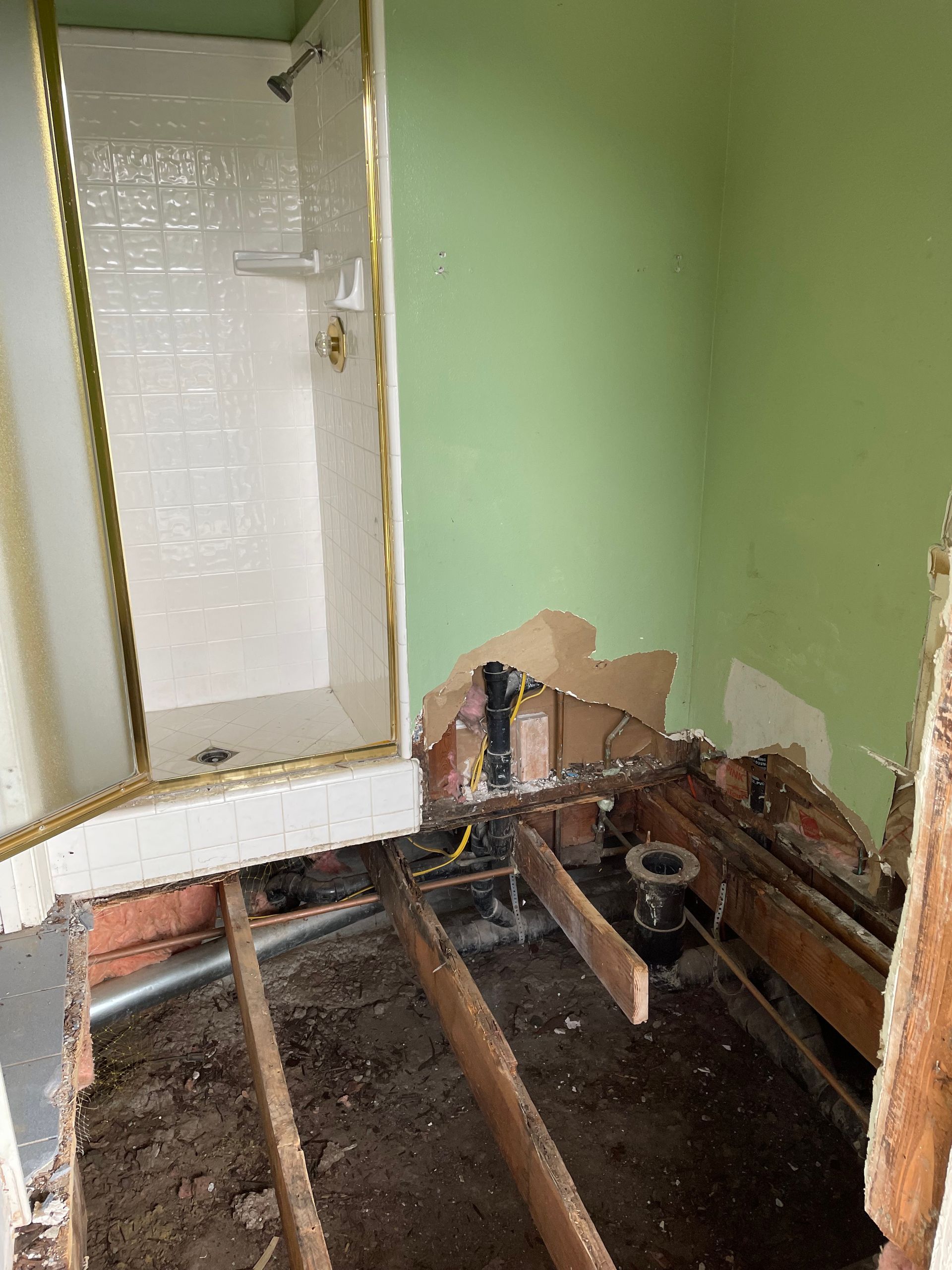 Partially demolished room with exposed floor joists, green walls, and a frosted door or window.