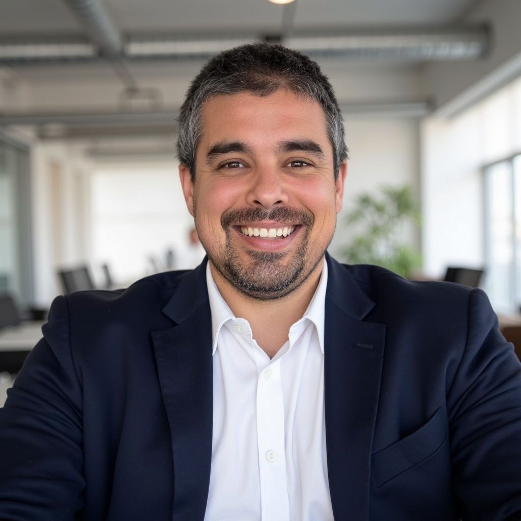 Smiling man in a navy blazer and white shirt in a bright office setting
