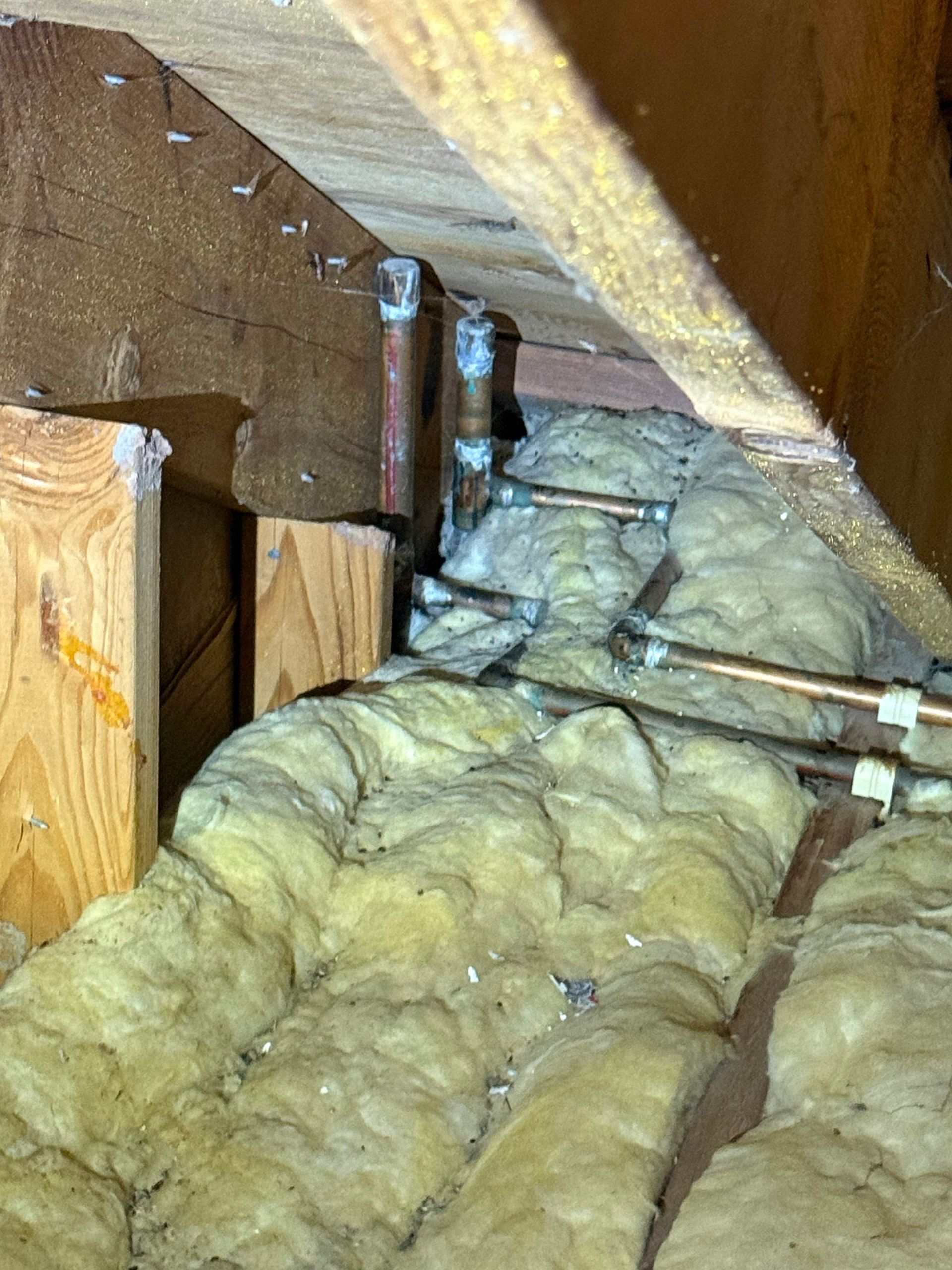 Insulation and wooden beams inside an attic, with pipes running along the ceiling.