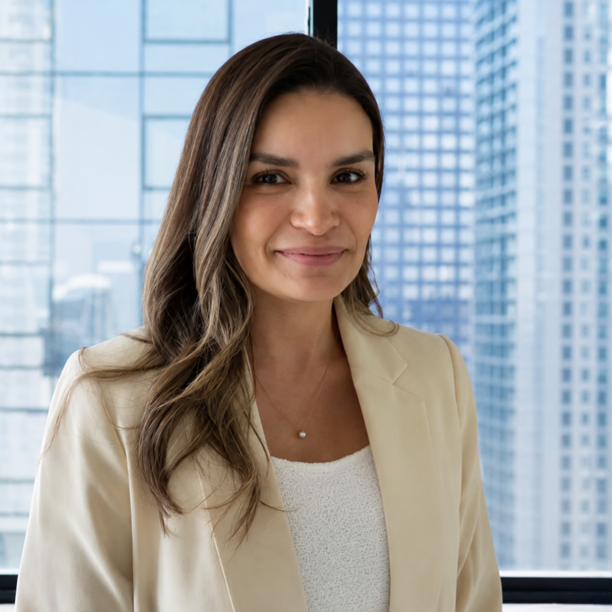 Woman in beige blazer smiles, standing in front of a window with city view.