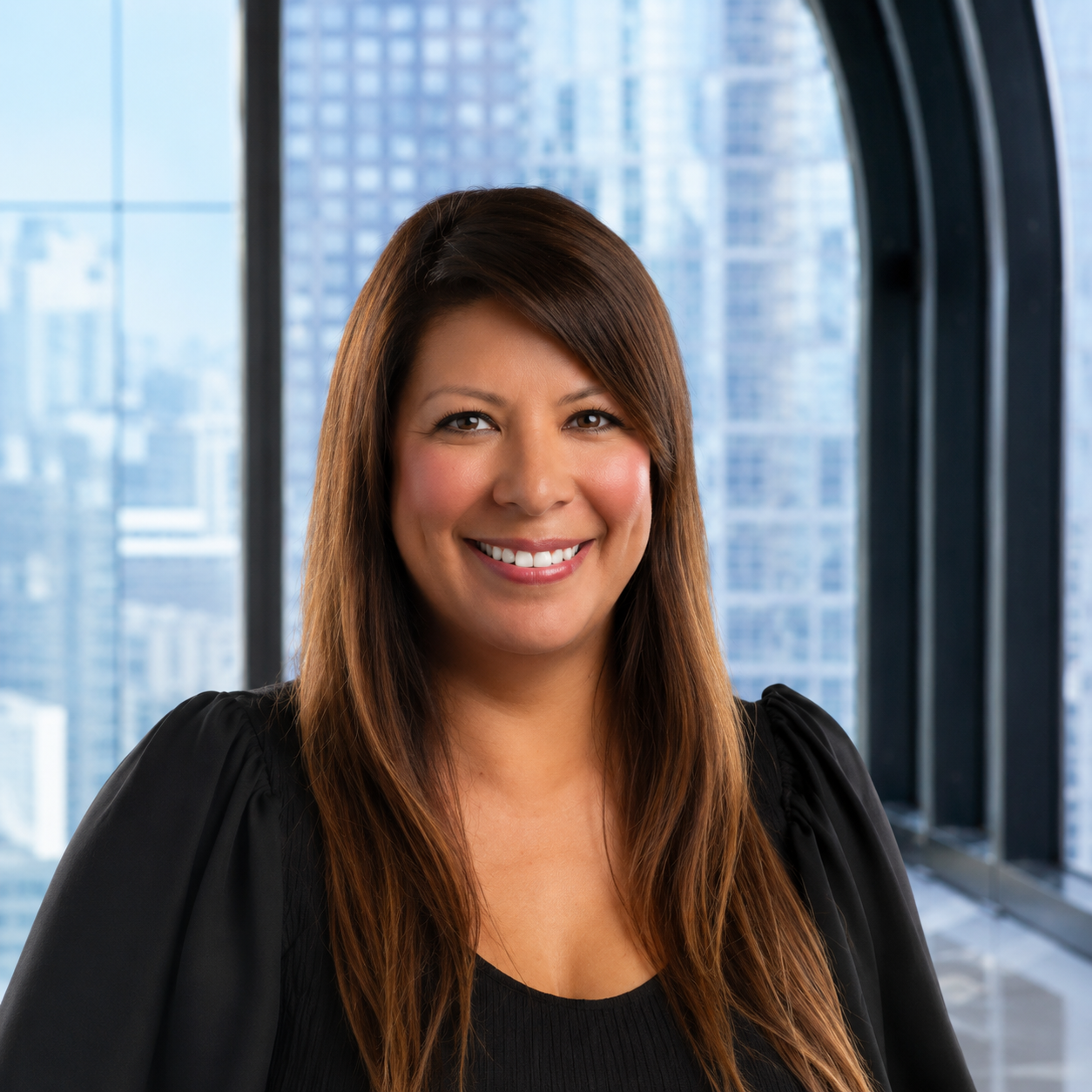 Woman with long brown hair smiles, standing in front of a city skyline.