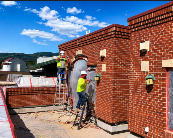Workers on scaffolding repairing a red brick building rooftop under a blue sky