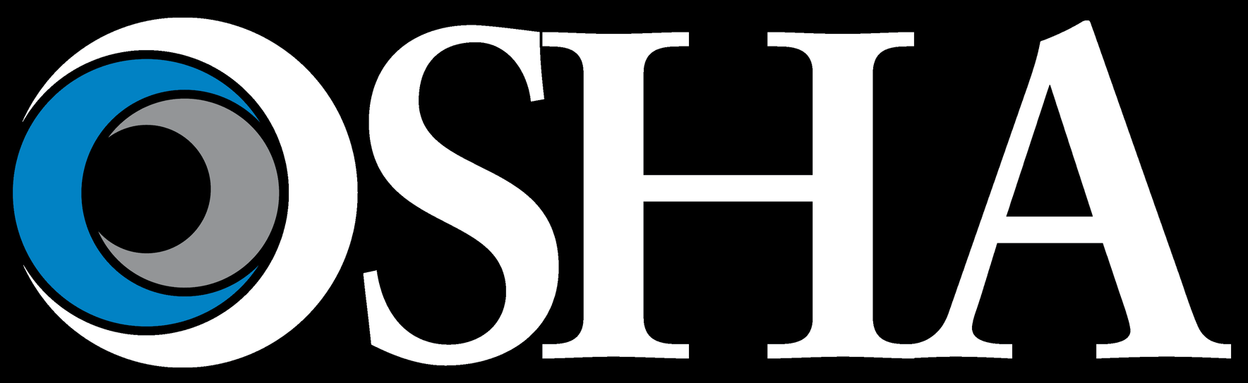 OSHA logo: white letters on black background. O features blue, grey, and white concentric circles.