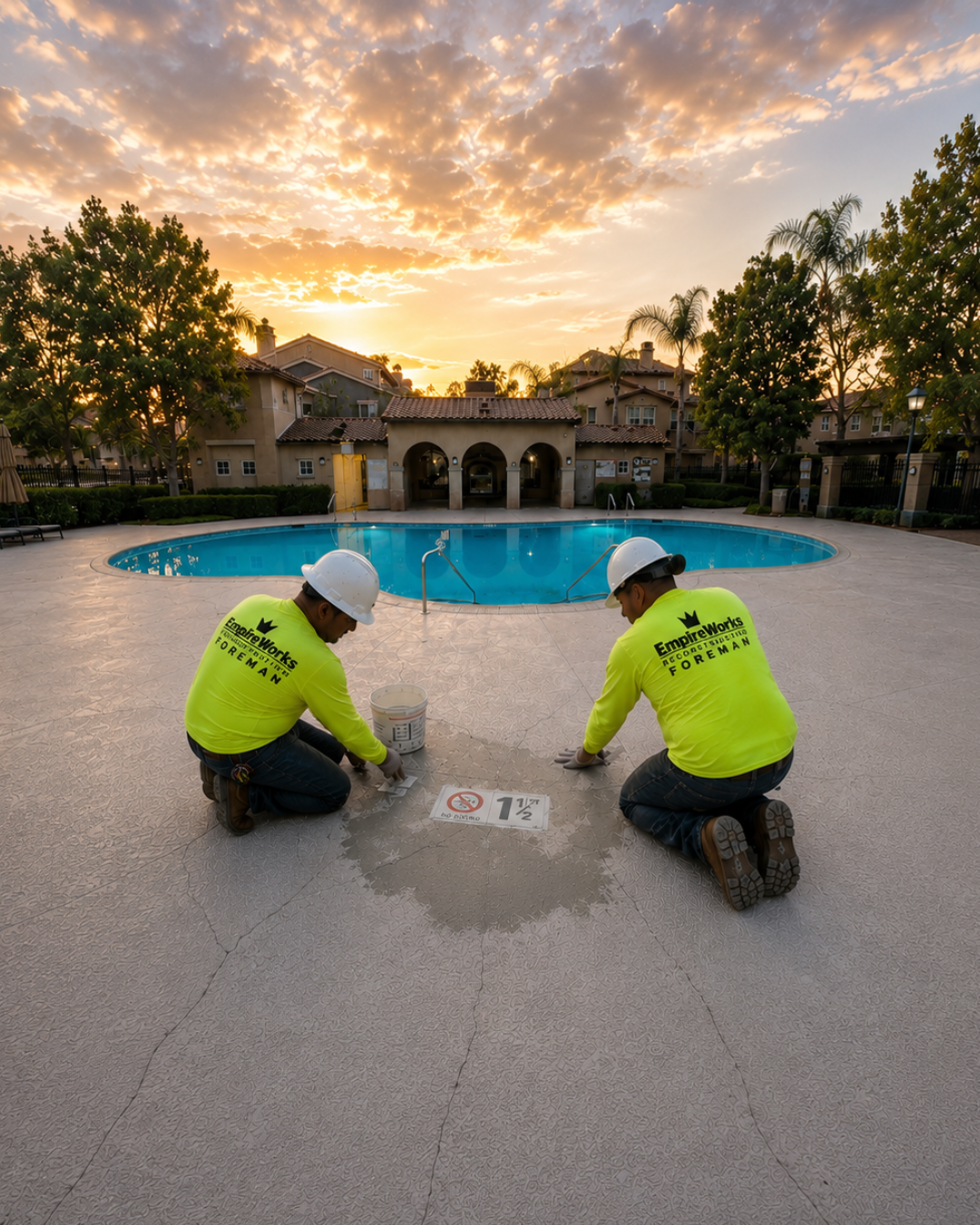 Two workers in neon vests kneel by a pool at sunset, measuring pavement near a mansion.