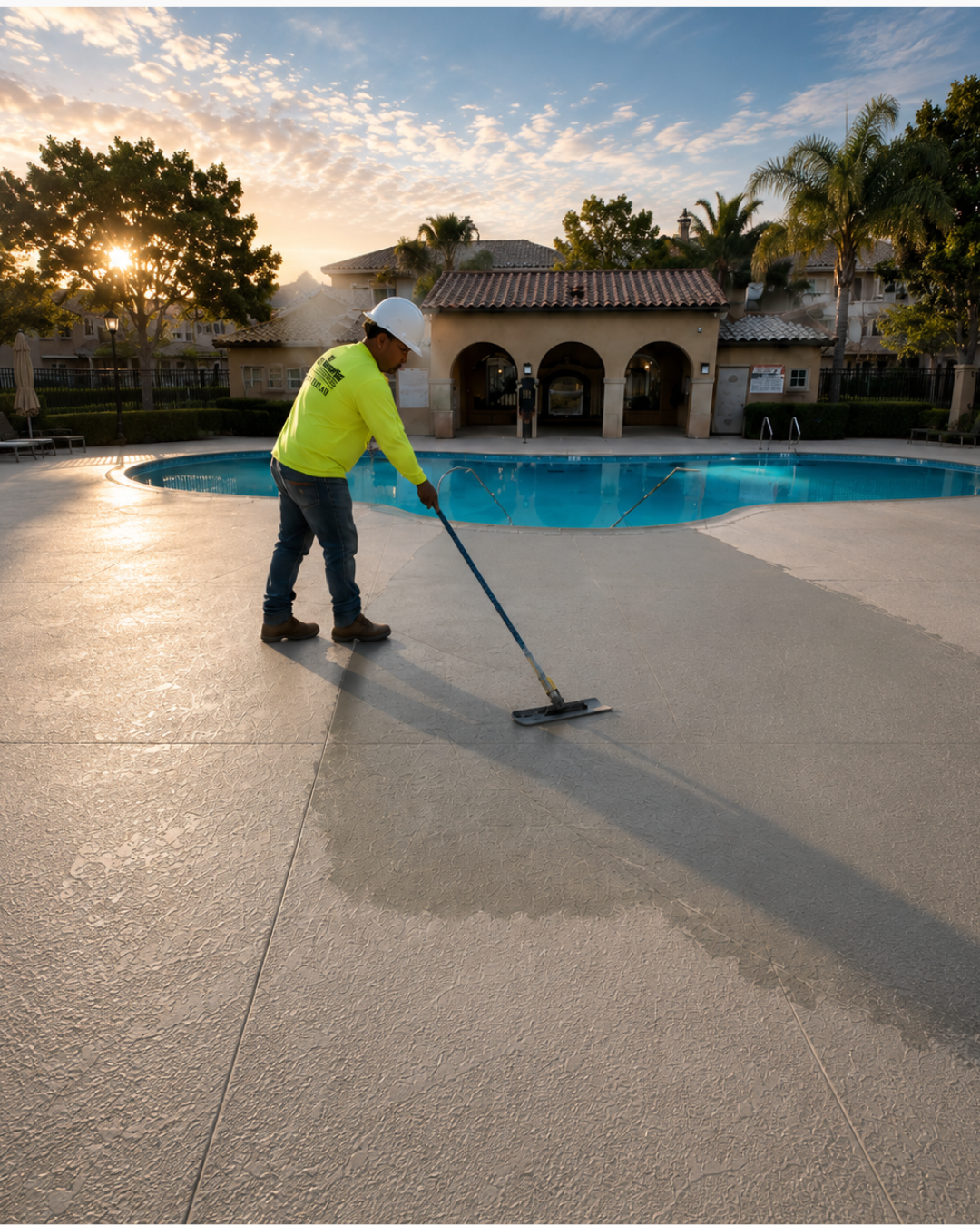 Worker cleaning a pool deck at sunrise beside a backyard pool and palm trees