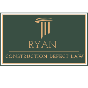 Logo for Ryan Construction Defect Law, featuring a gold column icon on a dark green background.