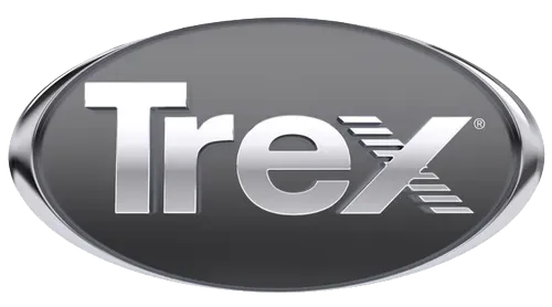 Trex logo, metallic silver lettering on a dark gray oval.