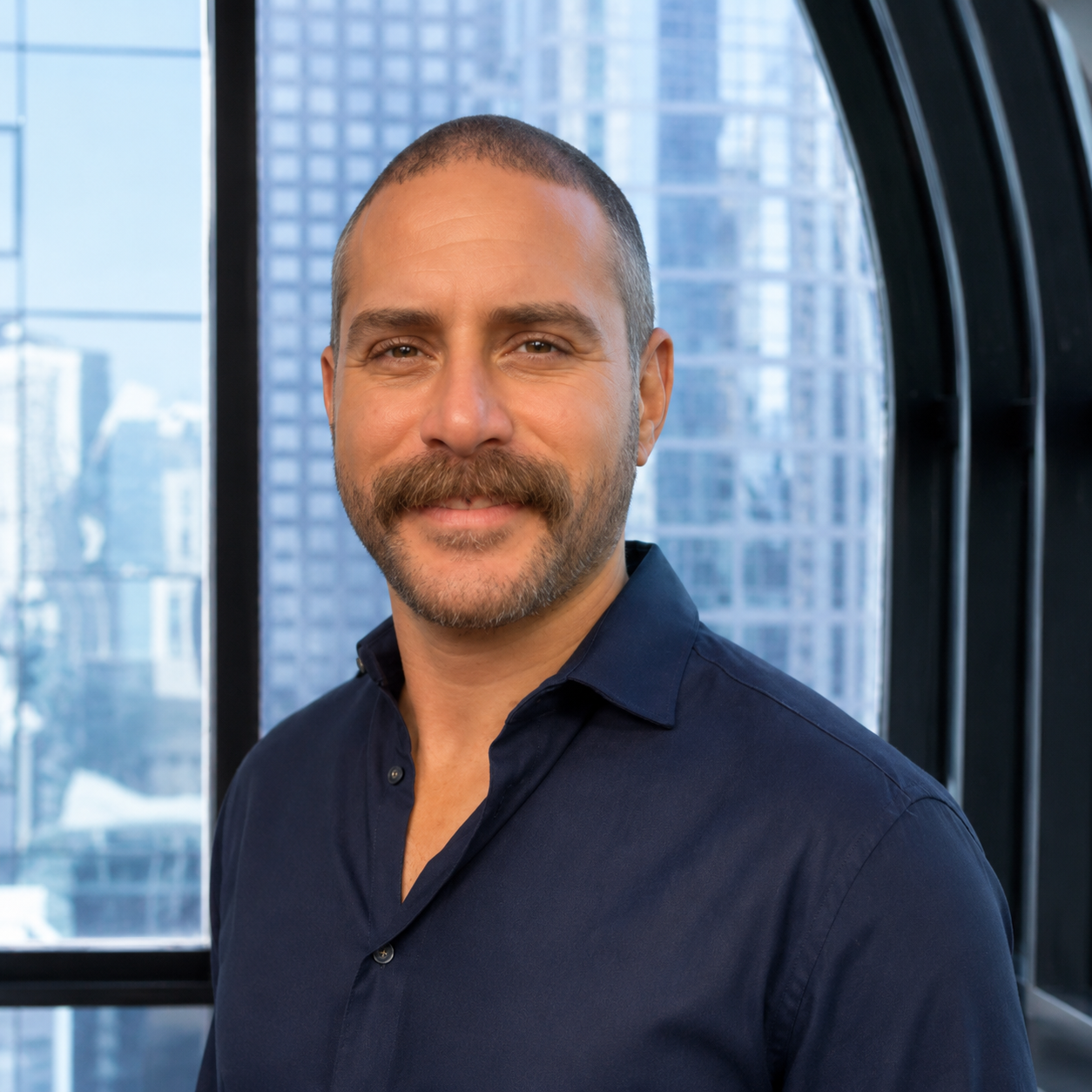 A man with a mustache is smiling in front of a window