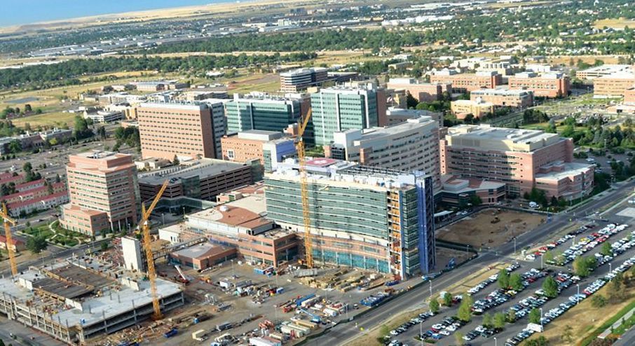 Aerial view of a large hospital complex with multiple buildings, cranes, and construction activity.