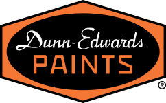 Dunn-Edwards Paints logo: Black oval with white text inside an orange hexagon. Reads