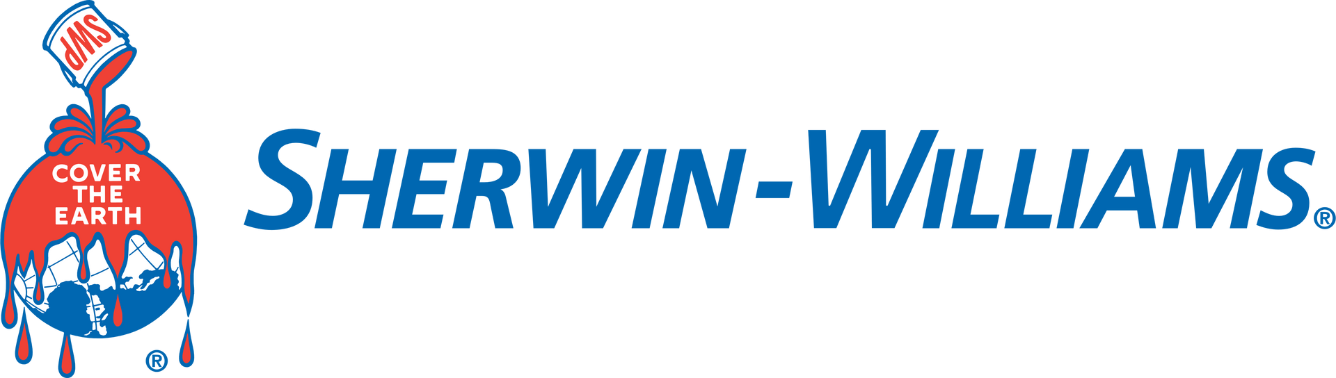 Sherwin-Williams logo: paint can pouring red paint over a globe, text