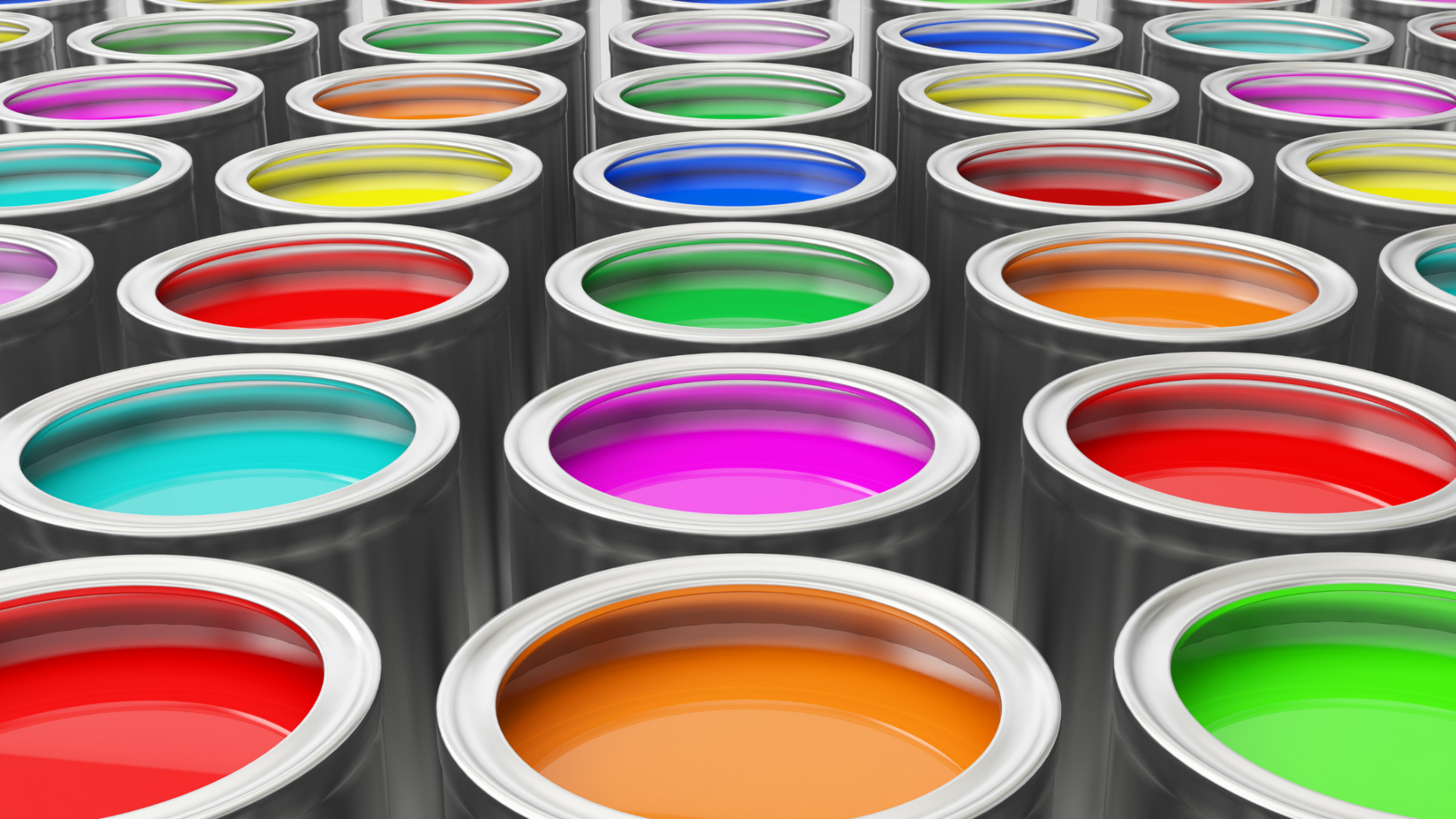 Rows of open paint cans filled with various bright colors.
