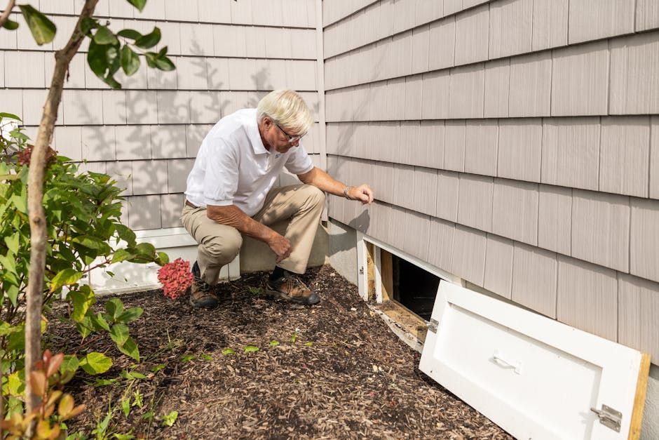 Man examining a crawl space access door on a house with gray siding.