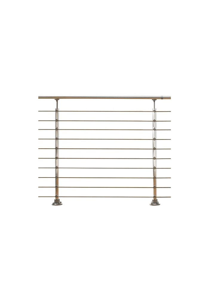 Metal railing with horizontal bars, anchored by vertical posts, on a white background.