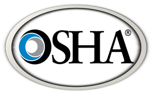 OSHA logo inside a silver oval: black letters, blue and gray circles.