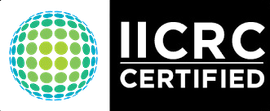 A logo for iicrc certified shows a globe with green and blue dots.