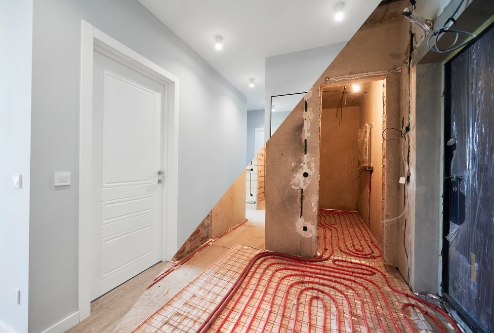 A before and after photo of a hallway being remodeled.