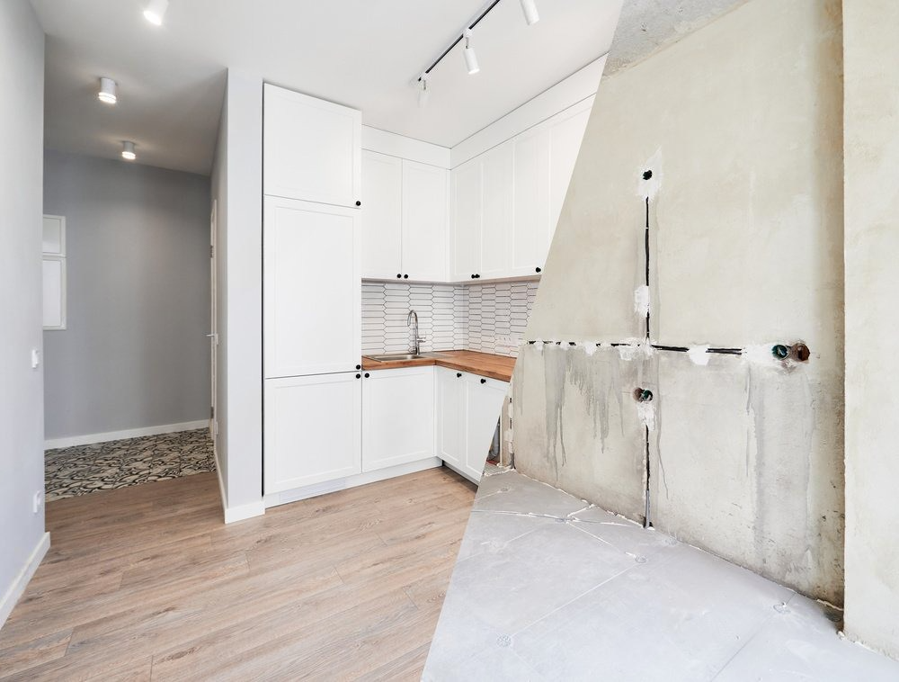 A before and after photo of a kitchen being remodeled.