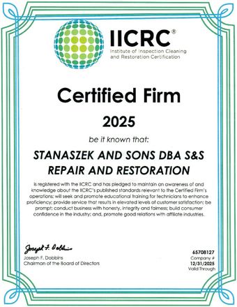 A certified firm certificate for stanaszek and sons dba s & s repair and restoration.