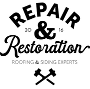 A black and white logo for repair and restoration roofing and siding experts.