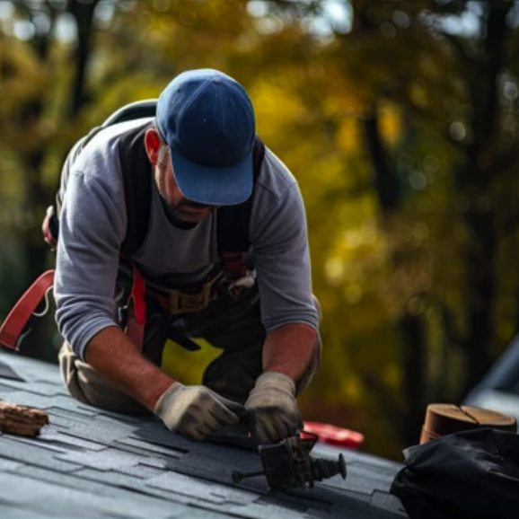 A man wearing a blue hat is working on a roof