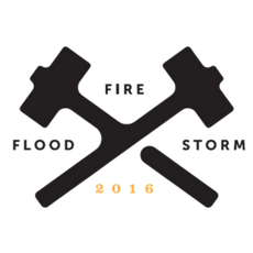 A logo for a fire and flood storm in 2016