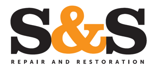 A black and orange logo for s & s repair and restoration