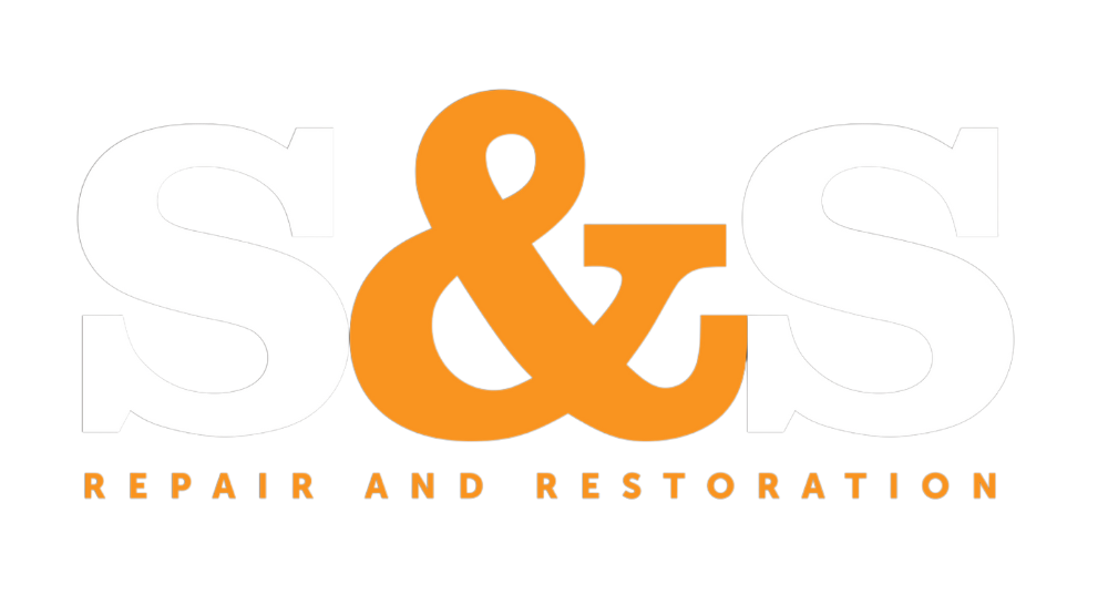 The logo for s & s repair and restoration is orange and white