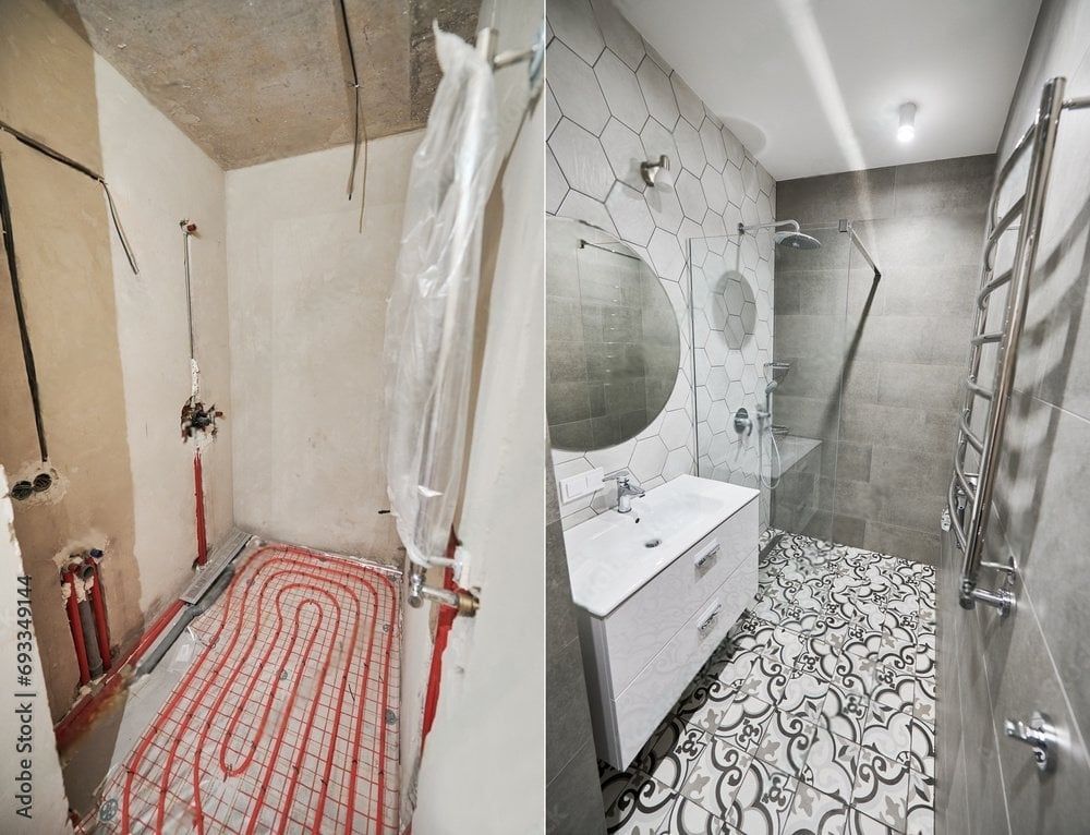 A before and after photo of a bathroom under construction.