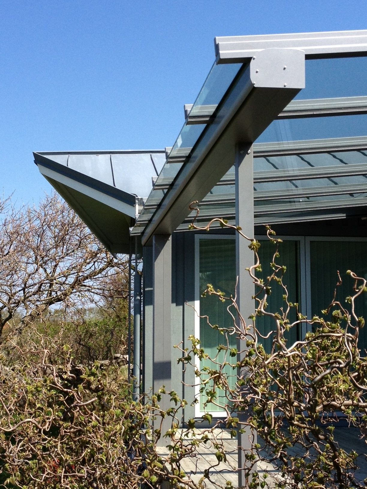 A house with a glass roof is surrounded by trees