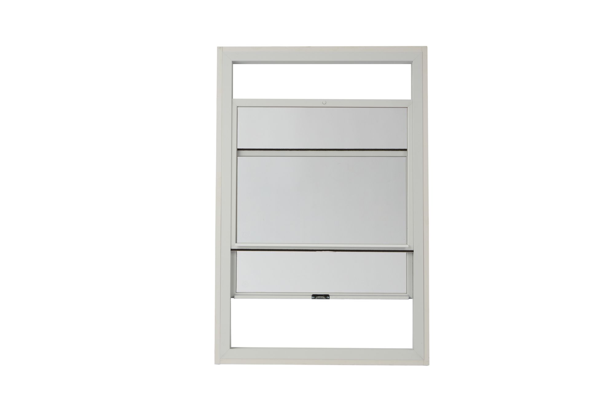 A white window with a blind on it on a white background.