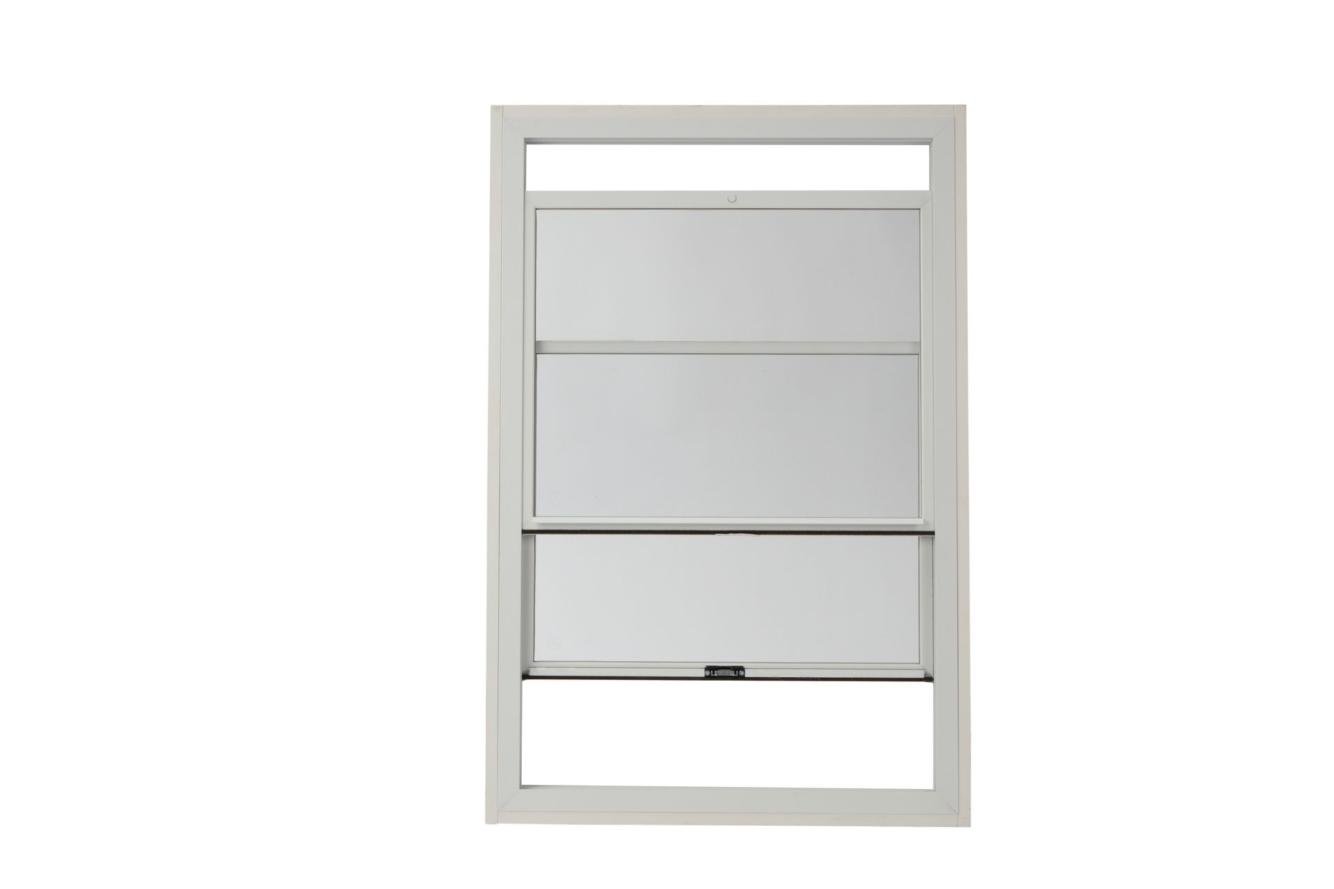 A white window with three blinds on a white background.