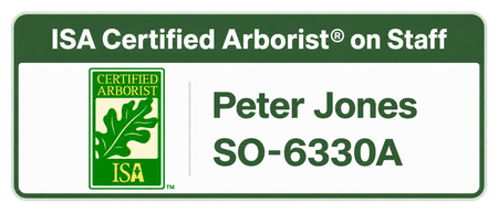 ISA Certified Arborist on staff, green-and-white badge for Peter Jones SO-6330A