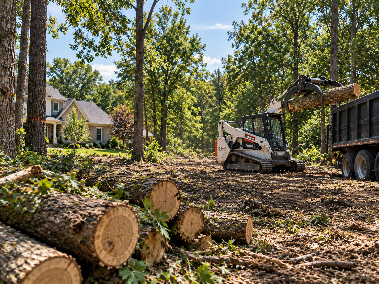Tree-cutting worksite with excavator, log pile, and dump truck in a wooded yard beside a house