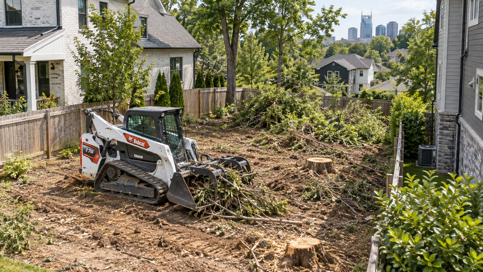 Skid steer clearing a brush-filled backyard beside houses, with a city skyline in the distance