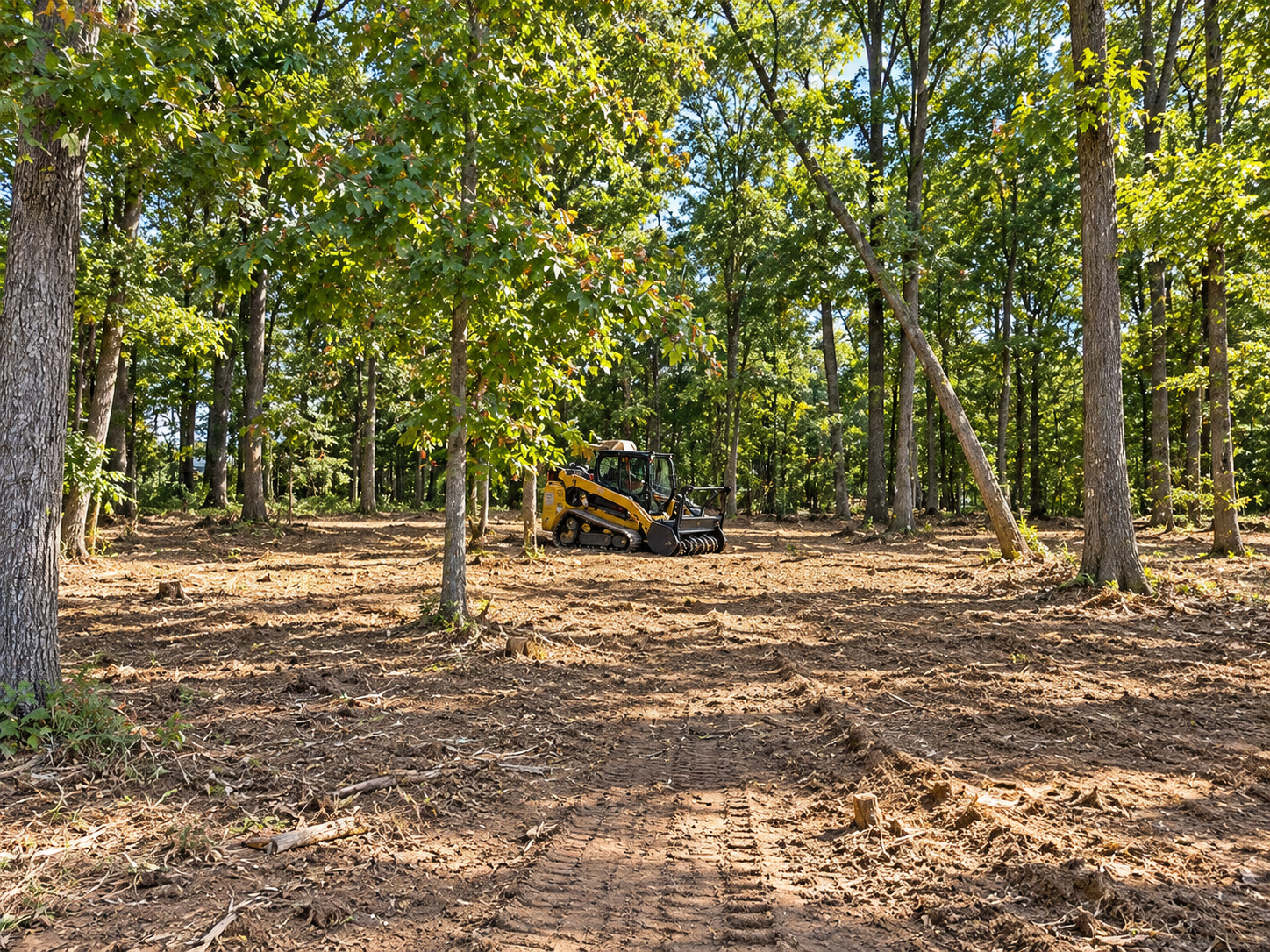 Yellow skid-steer clearing a wooded area with fallen leaves and tall trees.