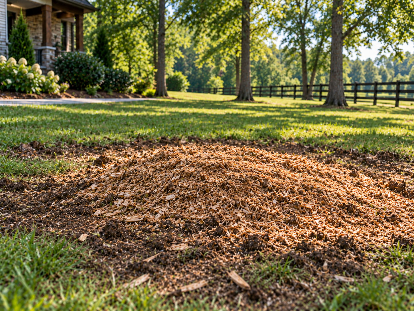 Mulch pile in a grassy yard near a house, with trees and a fence in the background.