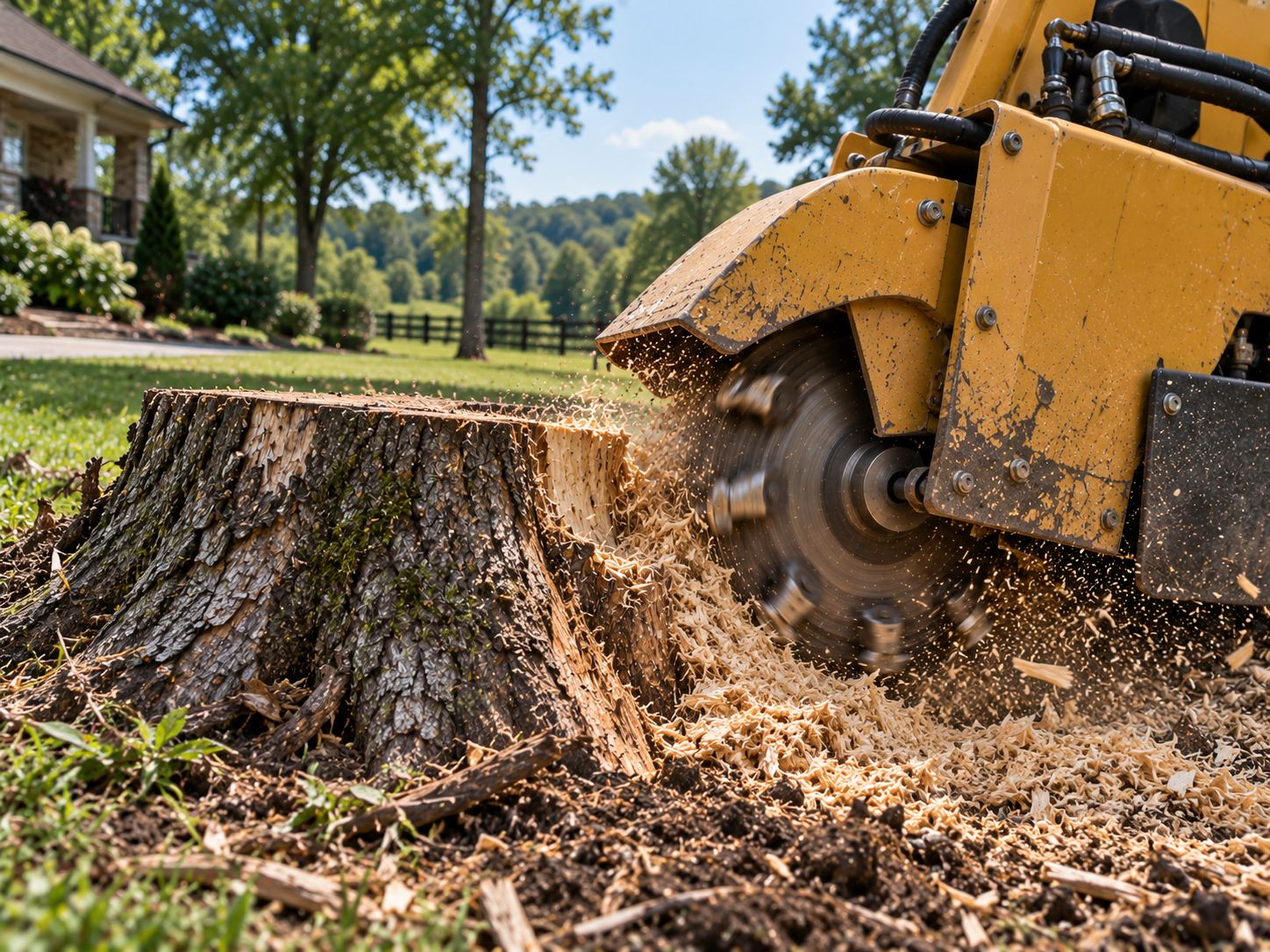 Yellow stump grinder cutting a tree stump, spraying wood chips in a suburban yard