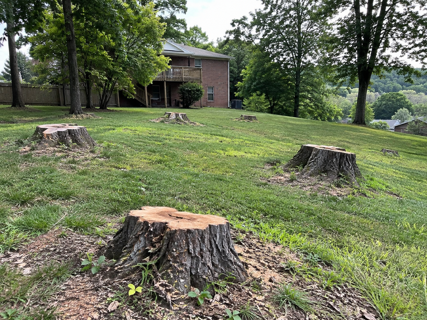 Tree stumps scattered across a grassy yard near a house and trees