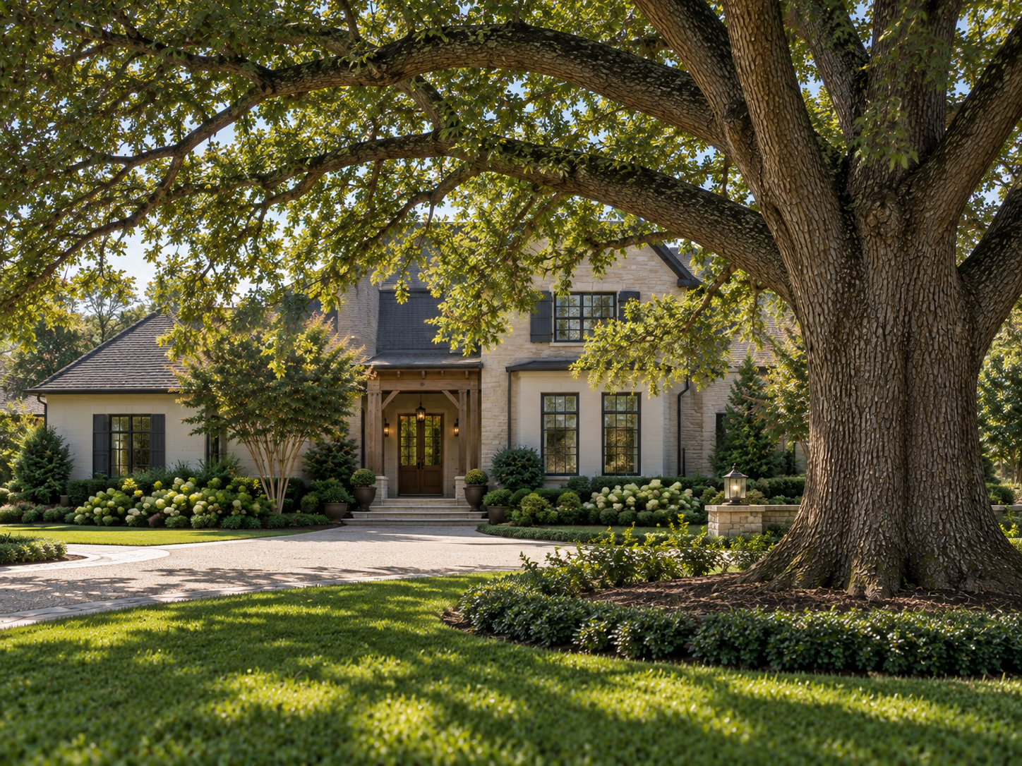 Large suburban house with a stone facade, framed by a sprawling oak tree and landscaped front yard.