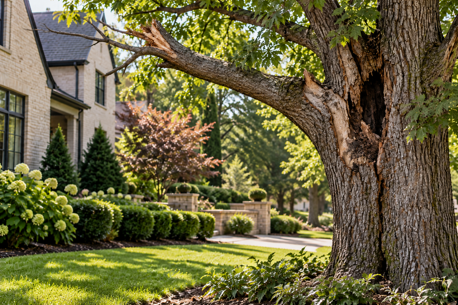 Tree stumps scattered across a grassy yard near a house and trees