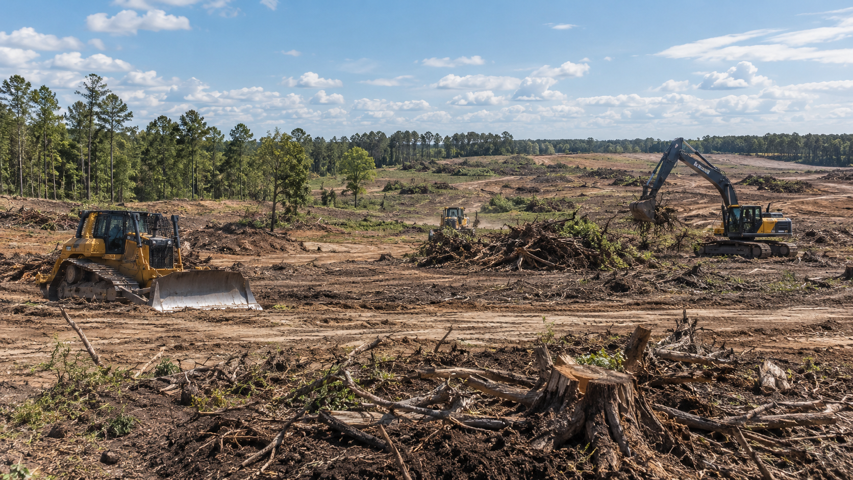 Two excavators clearing a logged forest with piles of branches and stumps under a clear sky