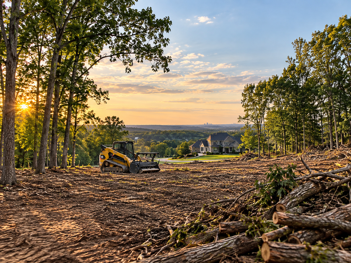 Tree-clearing site at sunset with an excavator and piles of cut branches near a wooded area