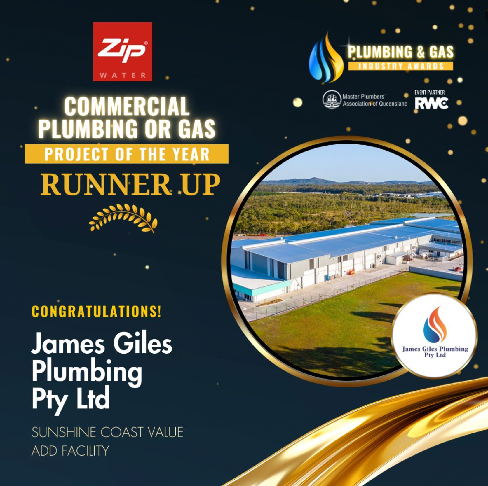 James Giles Plumbing Pty Ltd Awarded Runner Up at MPAQ Awards for Commercial Plumbing or Gas Project of the Year Award - 2024