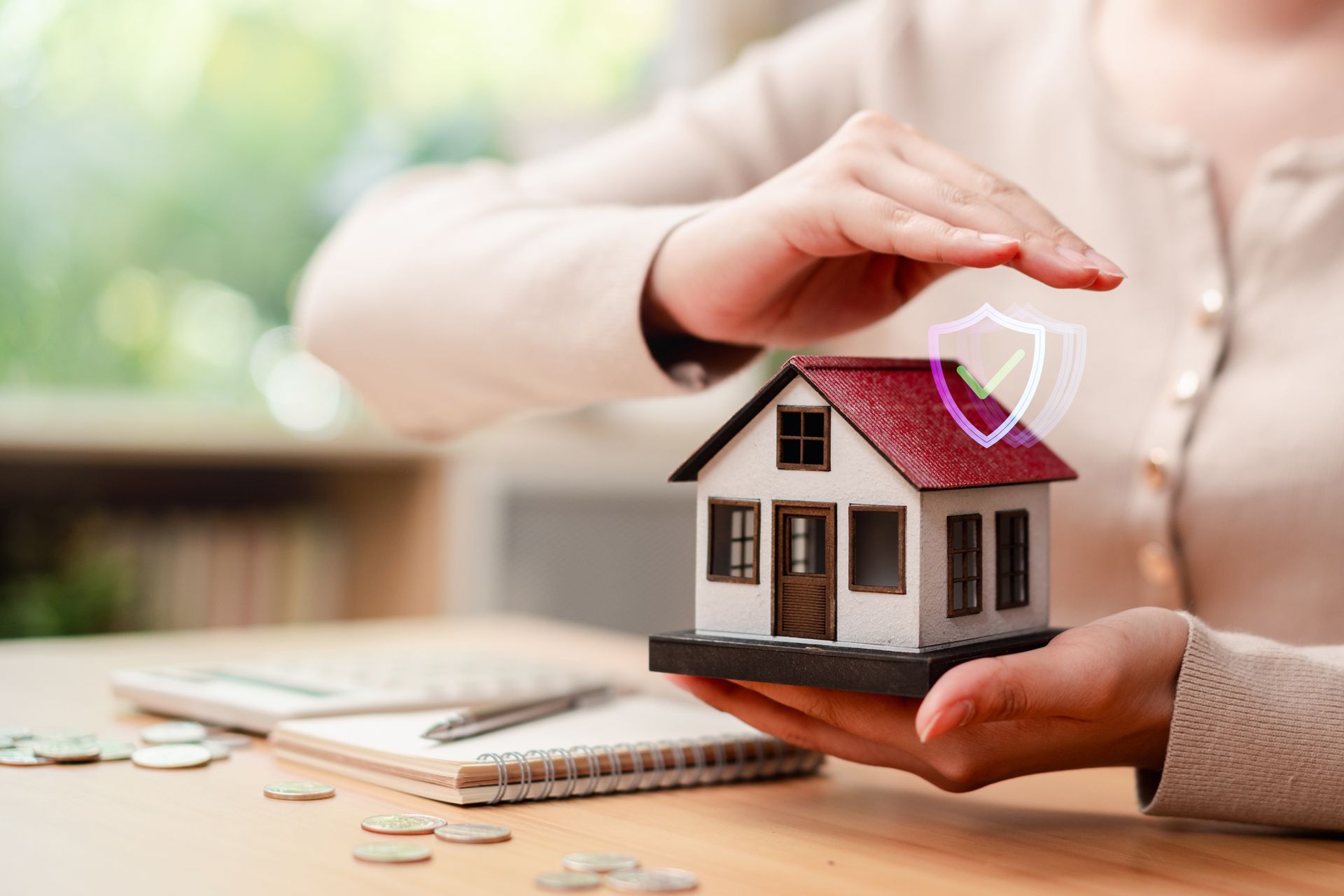 Hands shielding a model house with a safety icon, coins and calculator, home insurance concept
