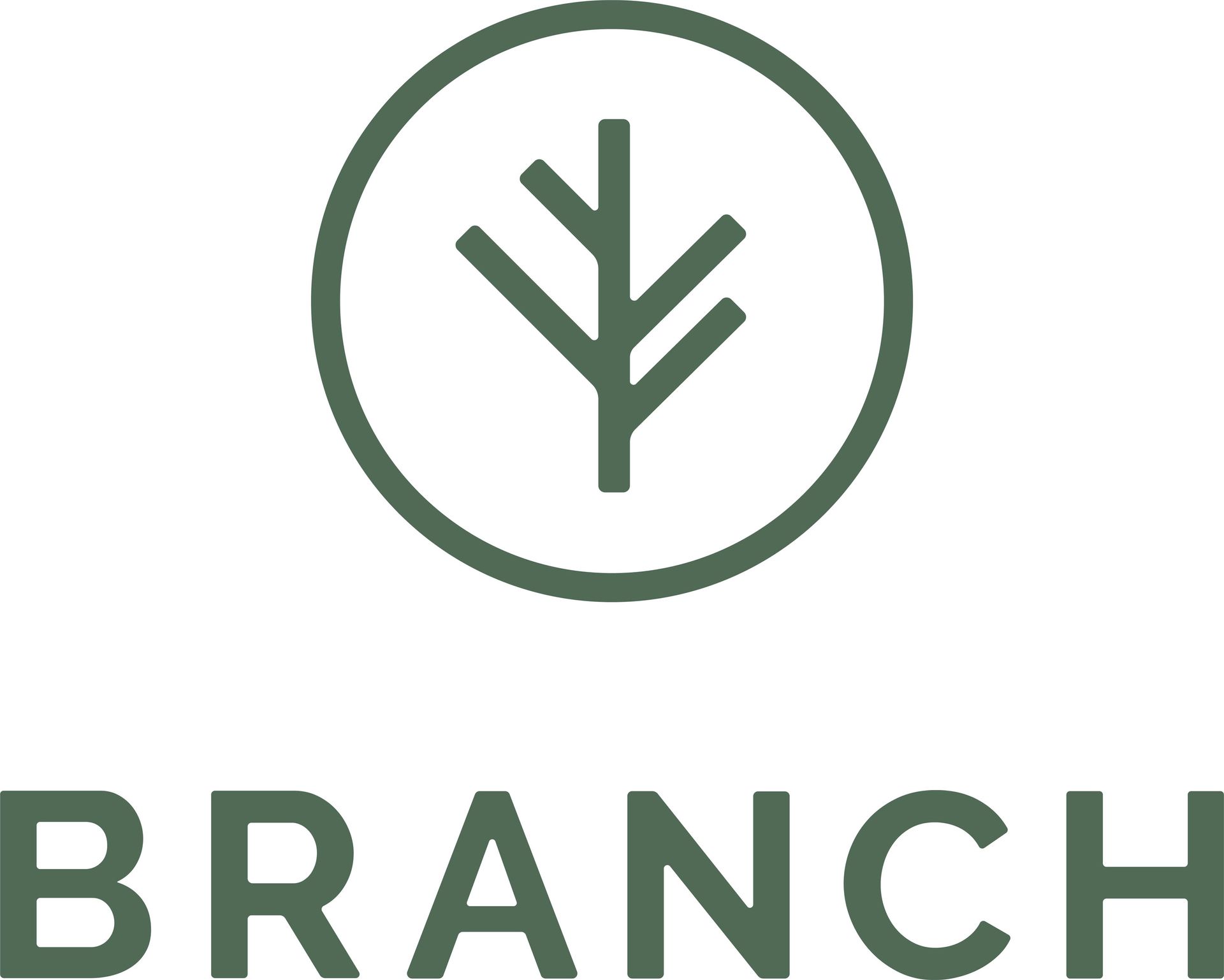 Logo of a tree branch icon within a circle, above the word 