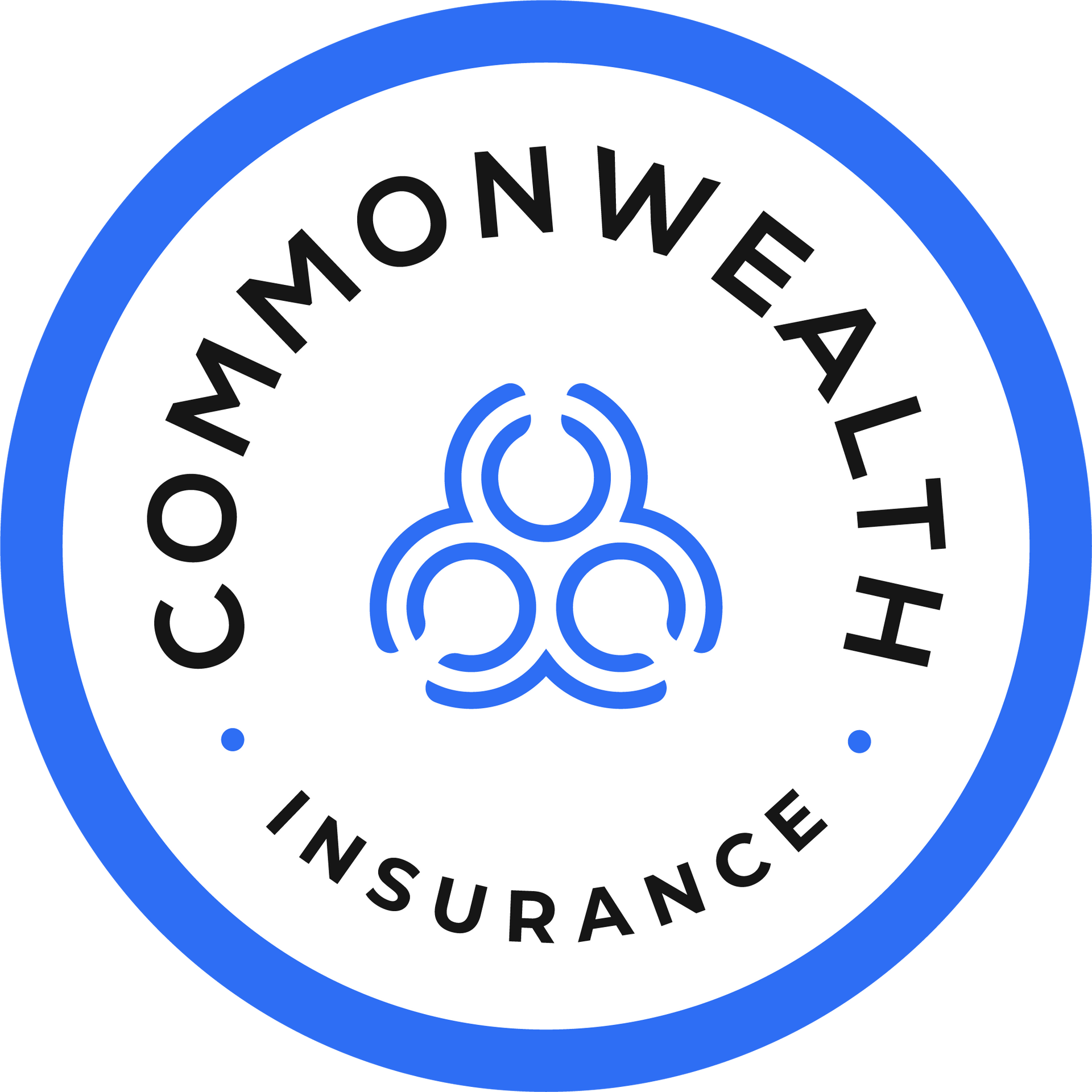 Commonwealth Insurance logo, blue and white circular emblem with text, and abstract blue design.